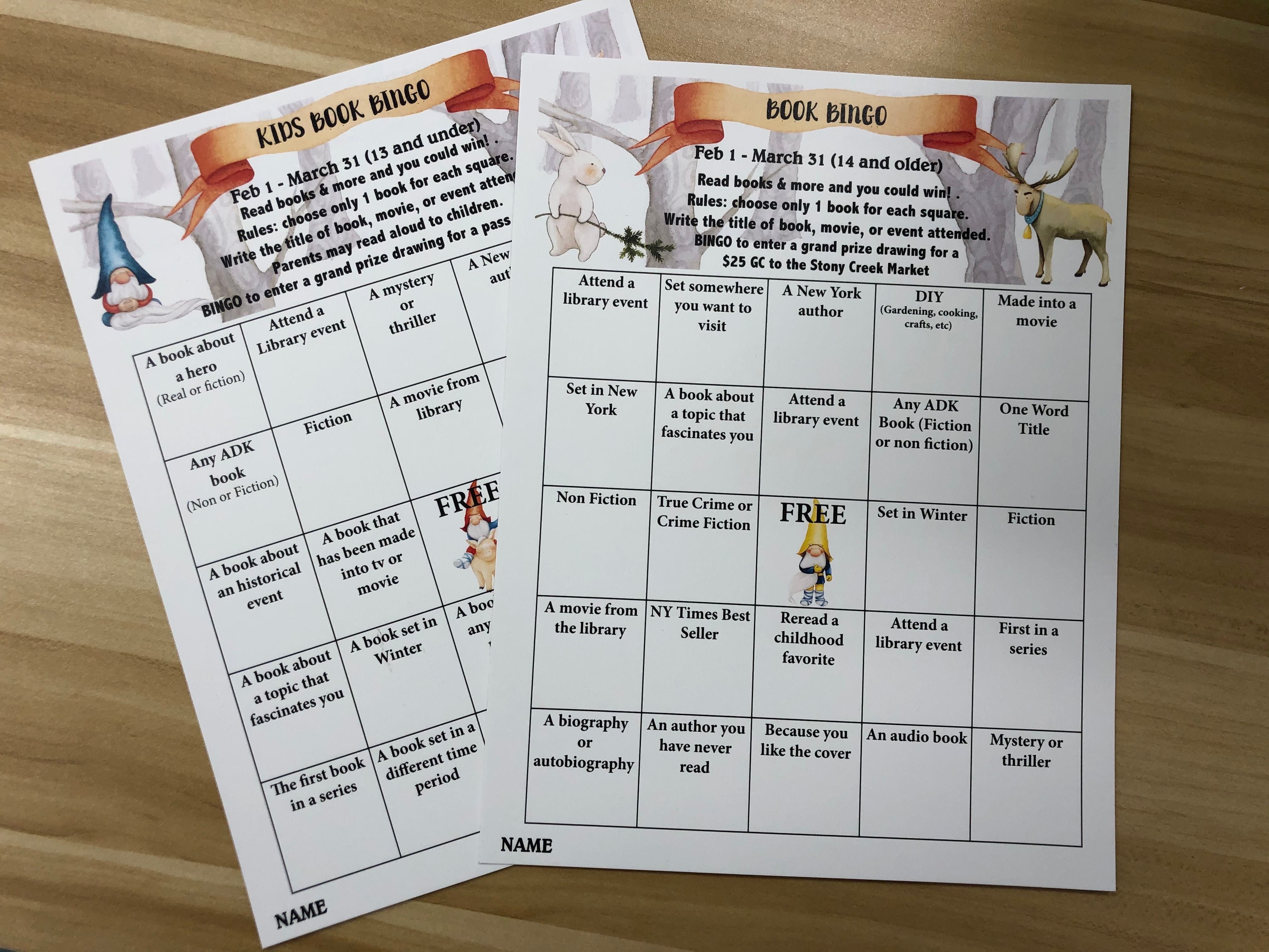 Full color bingo flyers for a local library decorated with gnomes and woodland creatures in watercolor.